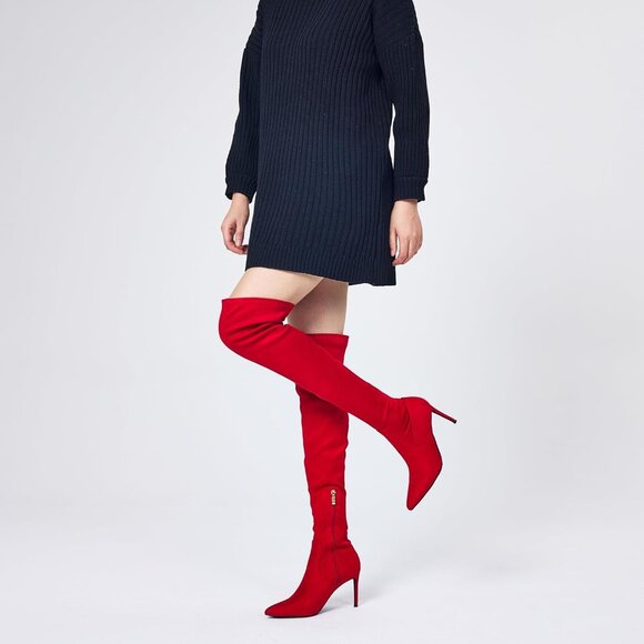 ⚡Women's Suede Red Sexy 4.3 inch Tang Thigh High Boots Over Knee Pointed Toe - Picture 8 of 9